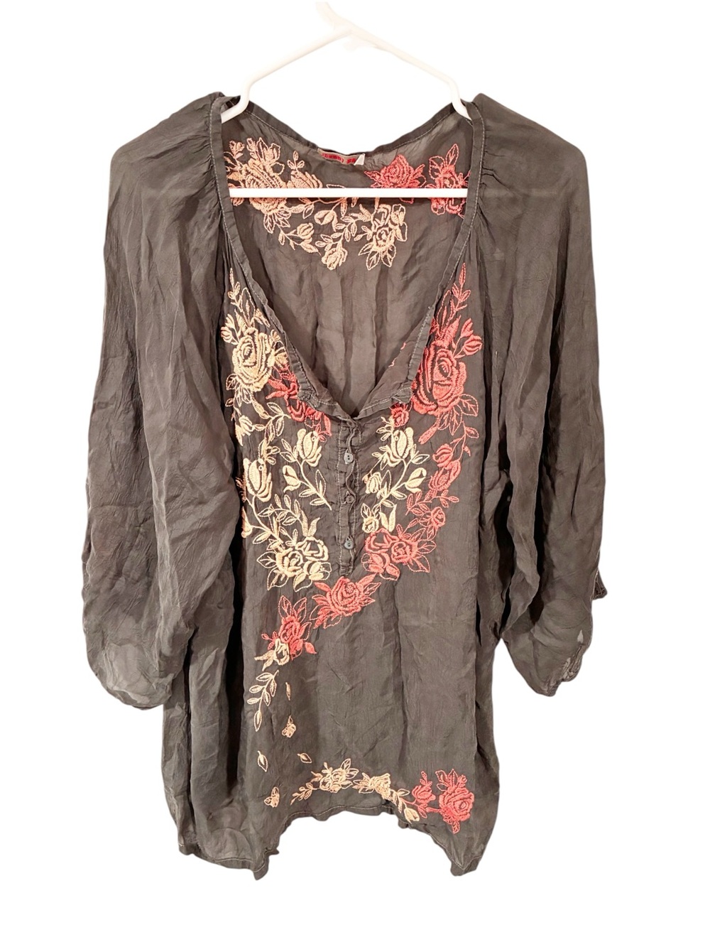 Johnny Was Grey Embroidered Floral Half Button Puff Sleeve Boho Top Size XL